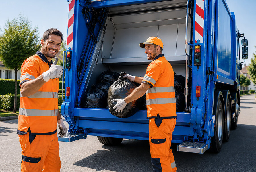 Zwei Mitarbeiter laden Kehricht in den Kehrichttransporter der Ernst Gerber AG